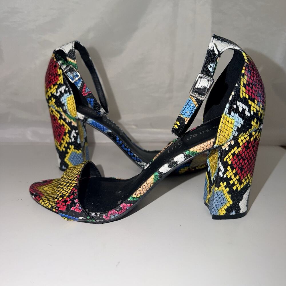 Madden Girl Beella Multi Color Snakeskin Block Heel Ankle Strap Sandals - Picture 7 of 9